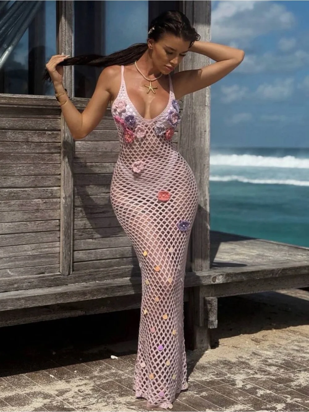 Sheer Crochet Maxi Dress cover up with Floral Appliqués - Blush Pink
